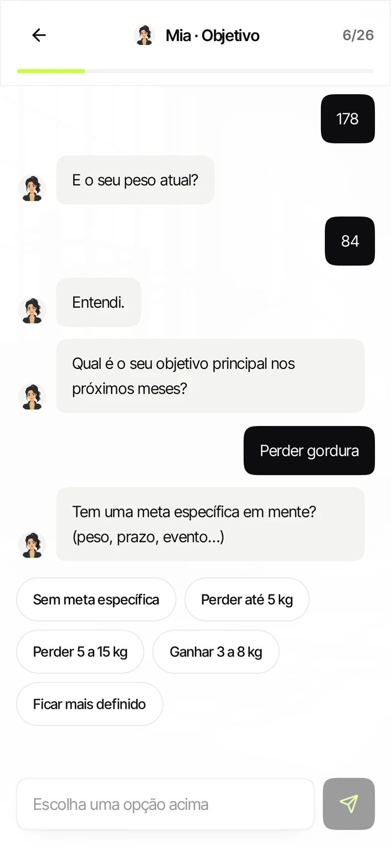 Avaliação guiada dentro do app, coletando os dados do aluno