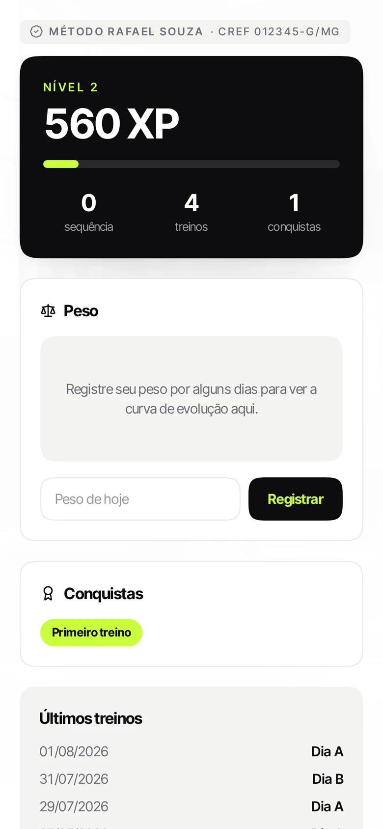 Tela de progresso do aluno com evolução de carga e medidas