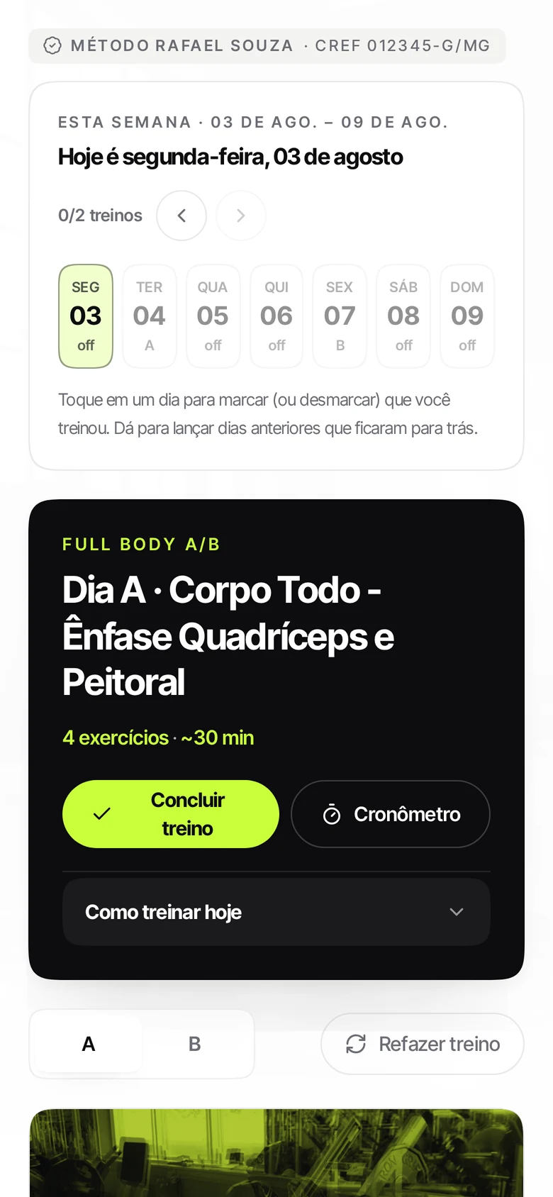 Semana de treino montada pelo sistema com calendário de check-in